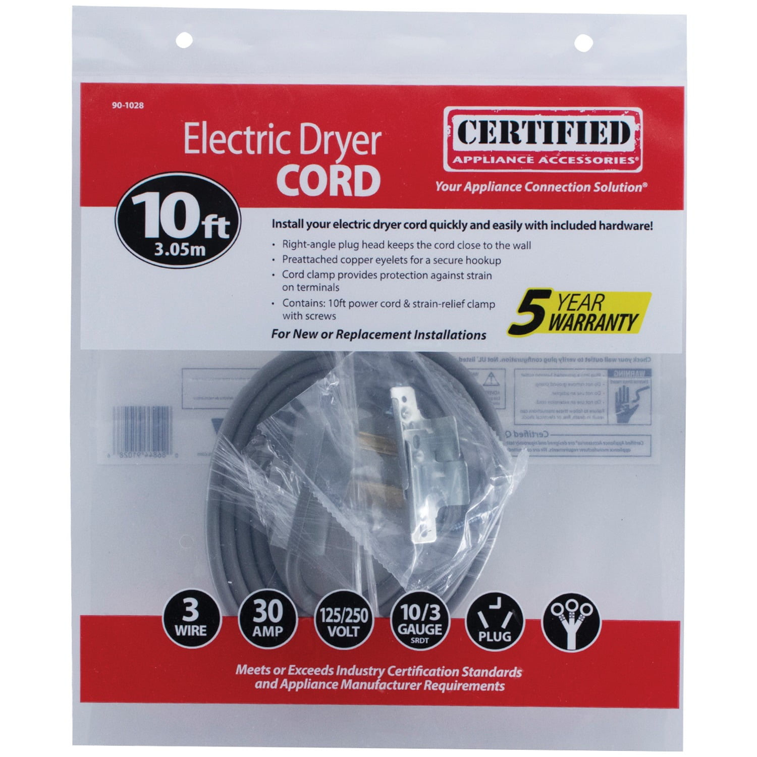Certified Appliance Accessories 90-1028 3-Wire Closed-Eyelet 30-Amp Dryer Cord, 10ft