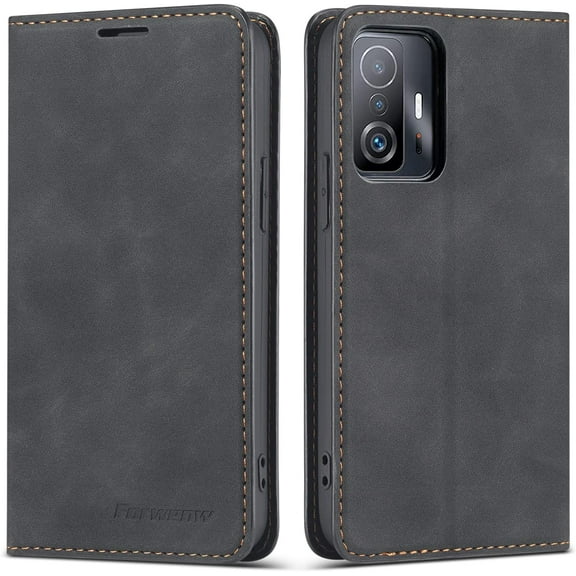 Premium PU Leather Flip Folio Case for Xiaomi 11T/11T Pro, Magnetic Closure Protective Case Kickstand Card Cash Slot Shockproof Durable Wallet Cover Soft TPU Inner Phone Case - Black
