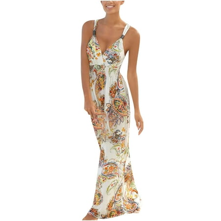 

Red Dresses for Women Prom Dress Womens Slim Bohemian Resort Style Long Printed V-neck Sleeveless Sling Dress Summer Savings Summer Dresses for Women 2022 Valentines Dress White L