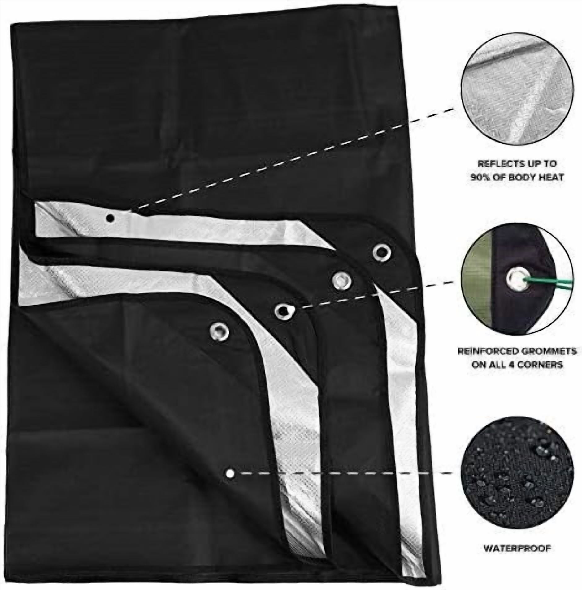 Insulated Tarp, Reusable Heavy Duty Thermal Survival Blanket – 60x82in, Reflects 90% Body Heat, Waterproof, Windproof, 3-Layer Design, Reinforced Grommets, Black
