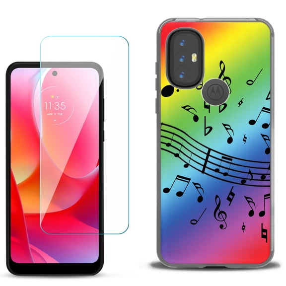 Slim-Fit Gel TPU Phone Case for Motorola Moto G Power 2022, with Tempered Glass Screen Protector, by OneToughShield ® - Music Notes / Rainbow