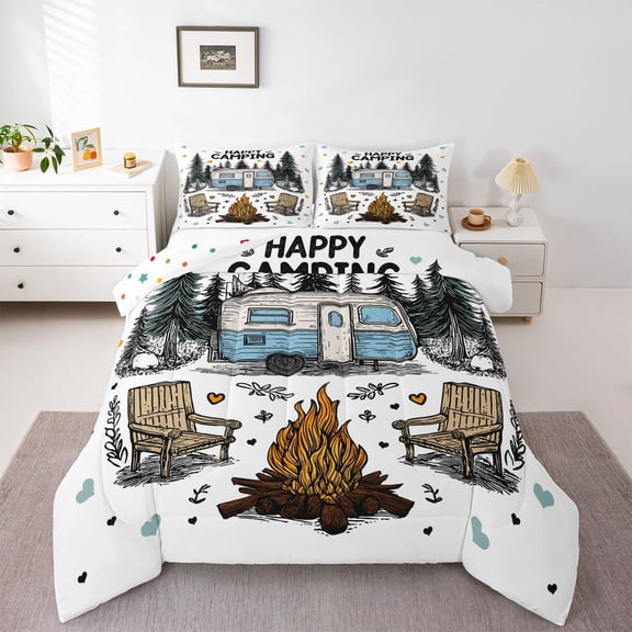 Erosebridal Kids Happy Camping Full Size Comforter Sets 3 Pieces,Adventure RV Car Bedding Sets For Boys Girls Teens,Super Cozy Room Decor