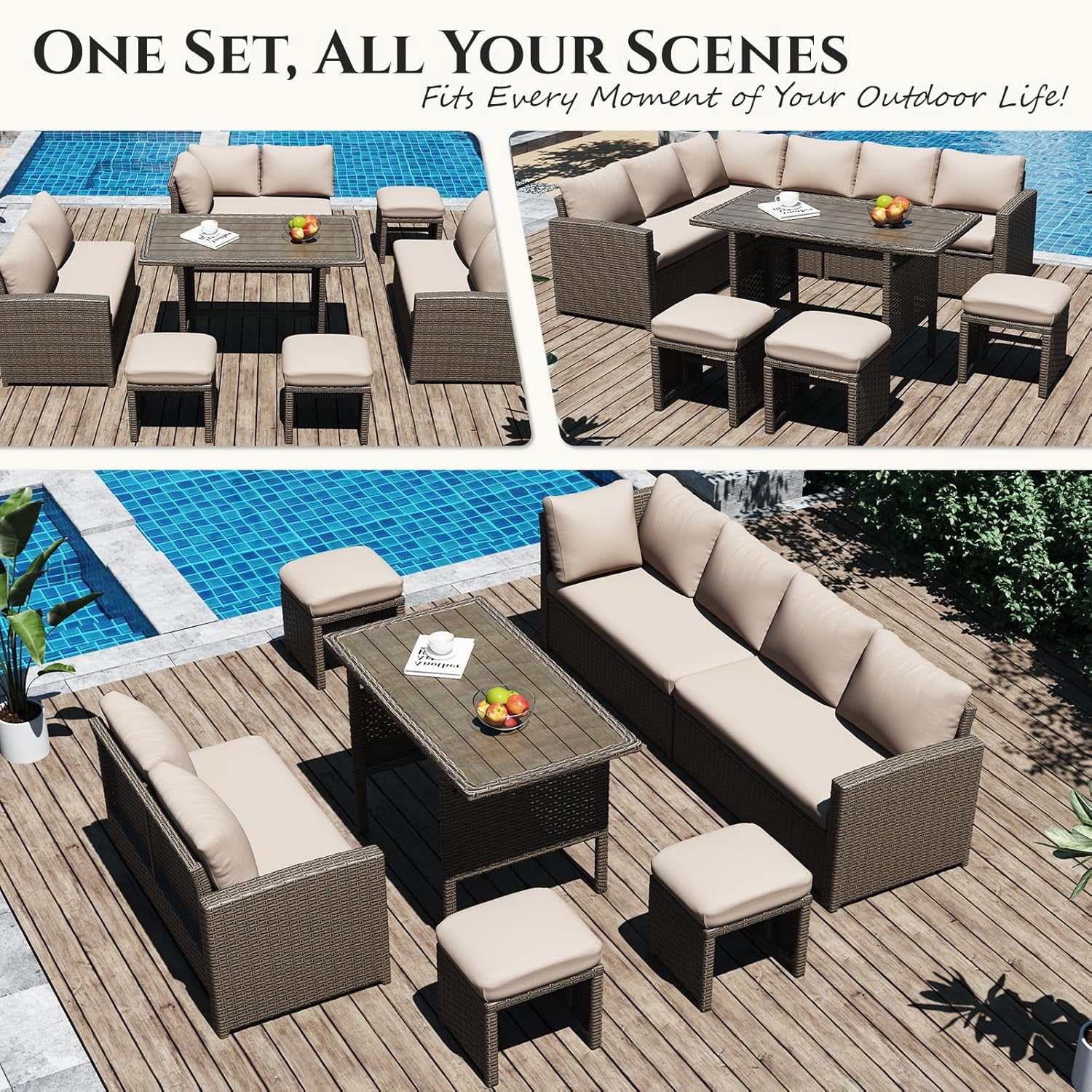 AECOJOY 7 Piece Patio Furniture Set PE Rattan Outdoor Dining Set Sectional Sofa Couch with Table Patio Conversation Set in Beige