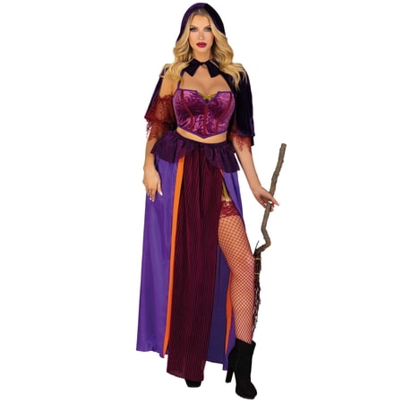Leg Avenue Women's 3 Pc Black Magic Babe Costume with Velvet Crop Top, Dual Slit Long Skirt w/ Elastic Garter, Collared Caplet w/ Pointed Hood
