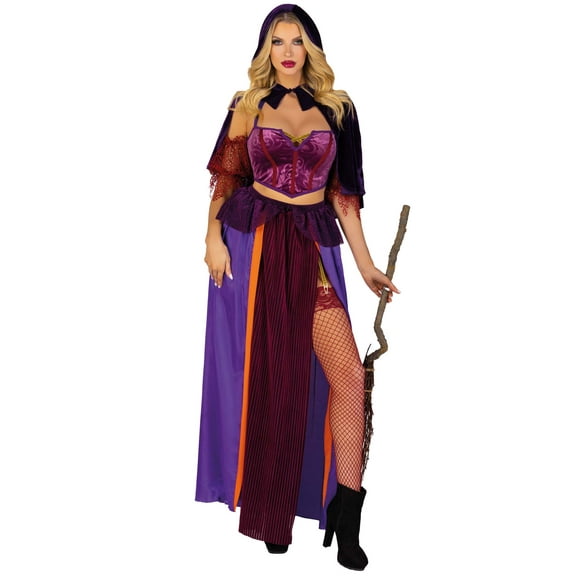 Leg Avenue Women's 3 Pc Black Magic Babe Costume with Velvet Crop Top, Dual Slit Long Skirt w/ Elastic Garter, Collared Caplet w/ Pointed Hood