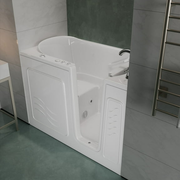 Meditub Collection 30 in. L x 52 in. W Right Side Drain Soaker Jetted Bathtub in White with Fast Filling Faucet Set