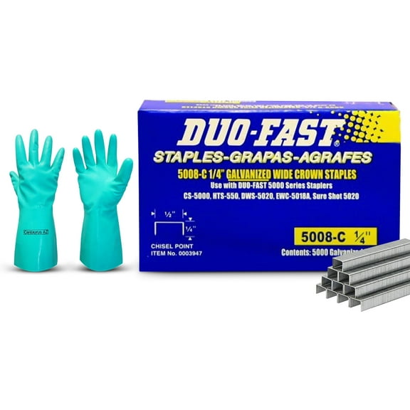 Duo Fast Staples-1/2 inch Crown Galvanized-1/4 Leg Length - with Centaurus AZ Gloves-5M Box