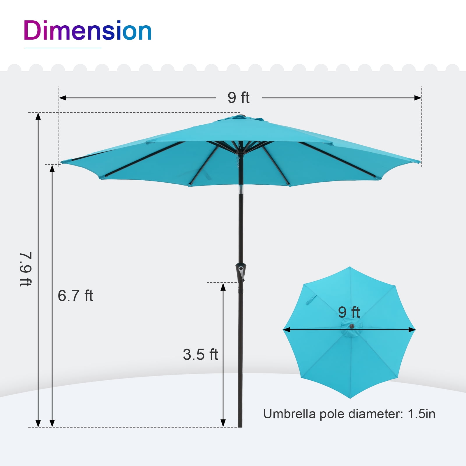 9ft Outdoor Patio Umbrella, with Push Button Tilt and Crank Sysytem, Sturdy Power Coated Frame, for Garden, Poolside, Deck and Backyard, Blue