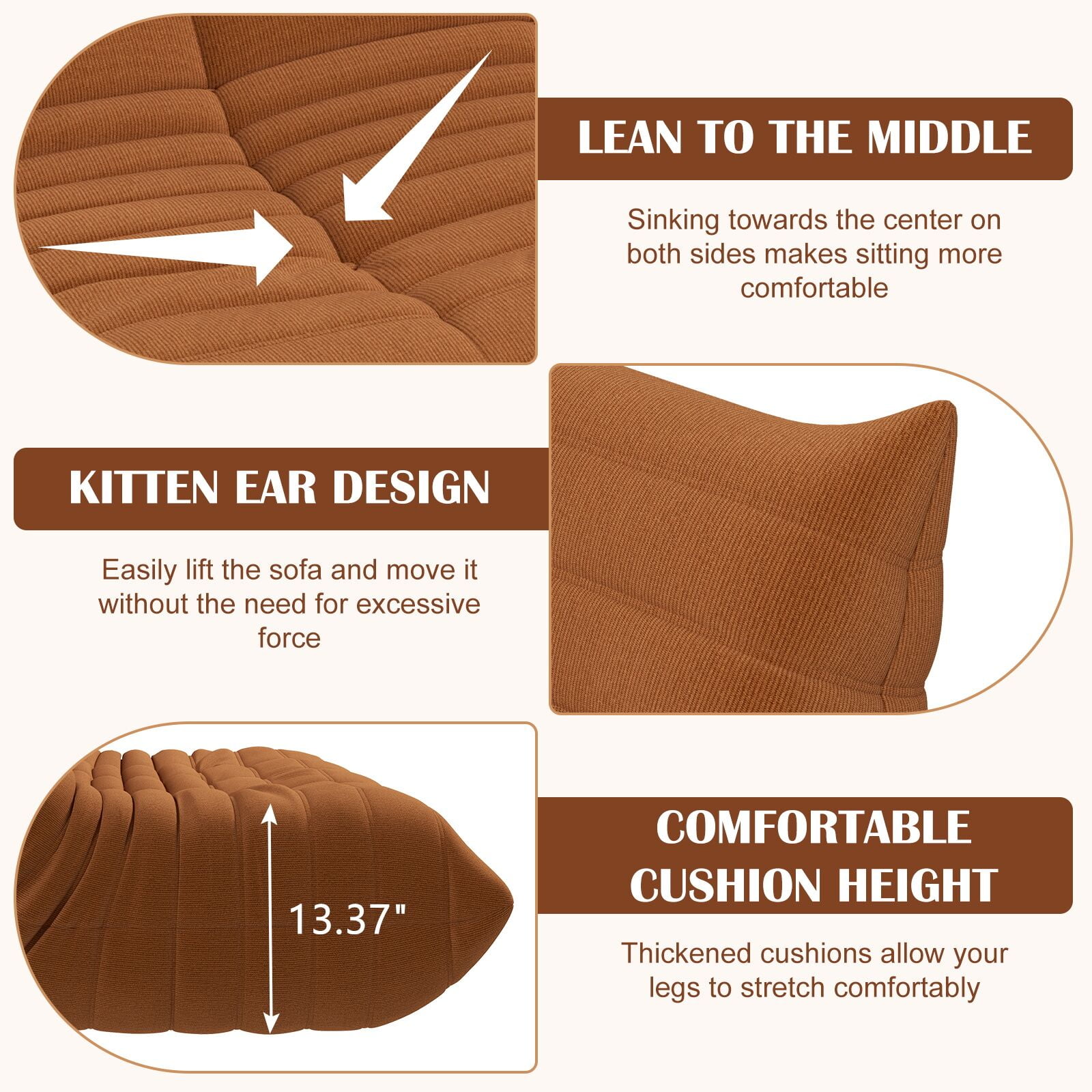 Kinbor 3-Seat Bean Bag Chair, Modern Lazy Sofa Floor Sofa Chair Bean Bag Chair, Big Fireside Bean Bag Lounger for Adults, Brown