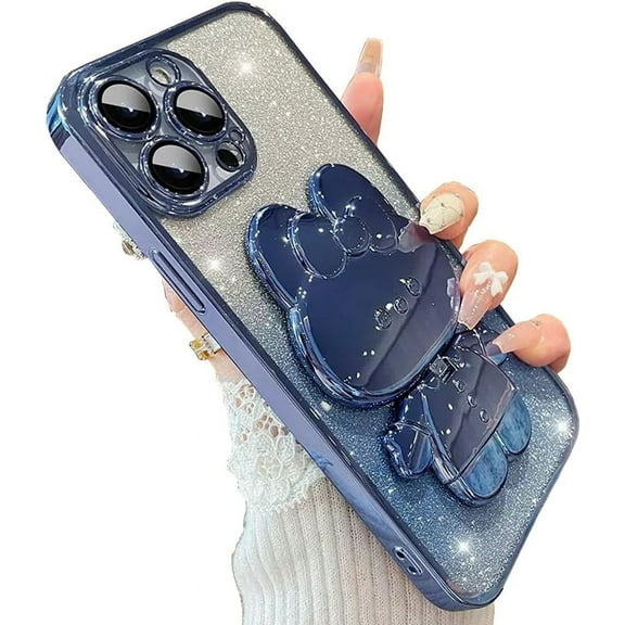 for iPhone 15 Pro Max Case,3D Cute Cartoon Rabbit Makeup Mirror Holder Bling Glitter Cover Electroplate Bumper Transparent Lens Film Women Girls Case for iPhone 15 Pro Max 6.7''
