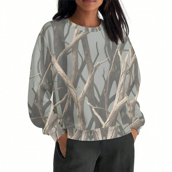 Lopecy-Sta Women's Fall Leaf Print Loose Long Sleeve Sweatshirt, Casual Camo Graphic Pullover, Fashion Comfortable Crew Neck Top for Autumn Gray L