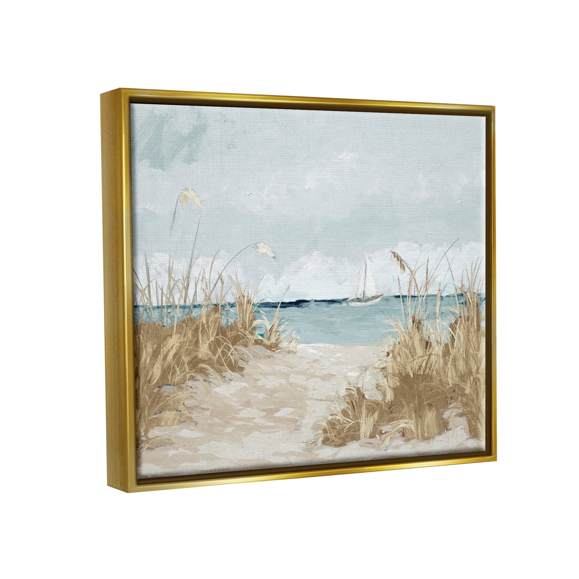 Stupell Industries Sandy Beach Walkway Distant Sailboats Floating Sea Painting Metallic Gold Floating Framed Canvas Print Wall Art, Design by Julie Derice