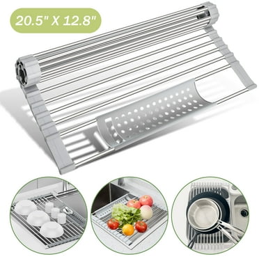 Roll Up Dish Drying Rack, 20.5" x 12.8" Foldable Stainless Steel Over The Sink Dish Drainer with Removable Utensil Holder, Multipurpose Rolling Drying Rack for Kitchen Sink Counter Storage, Grey