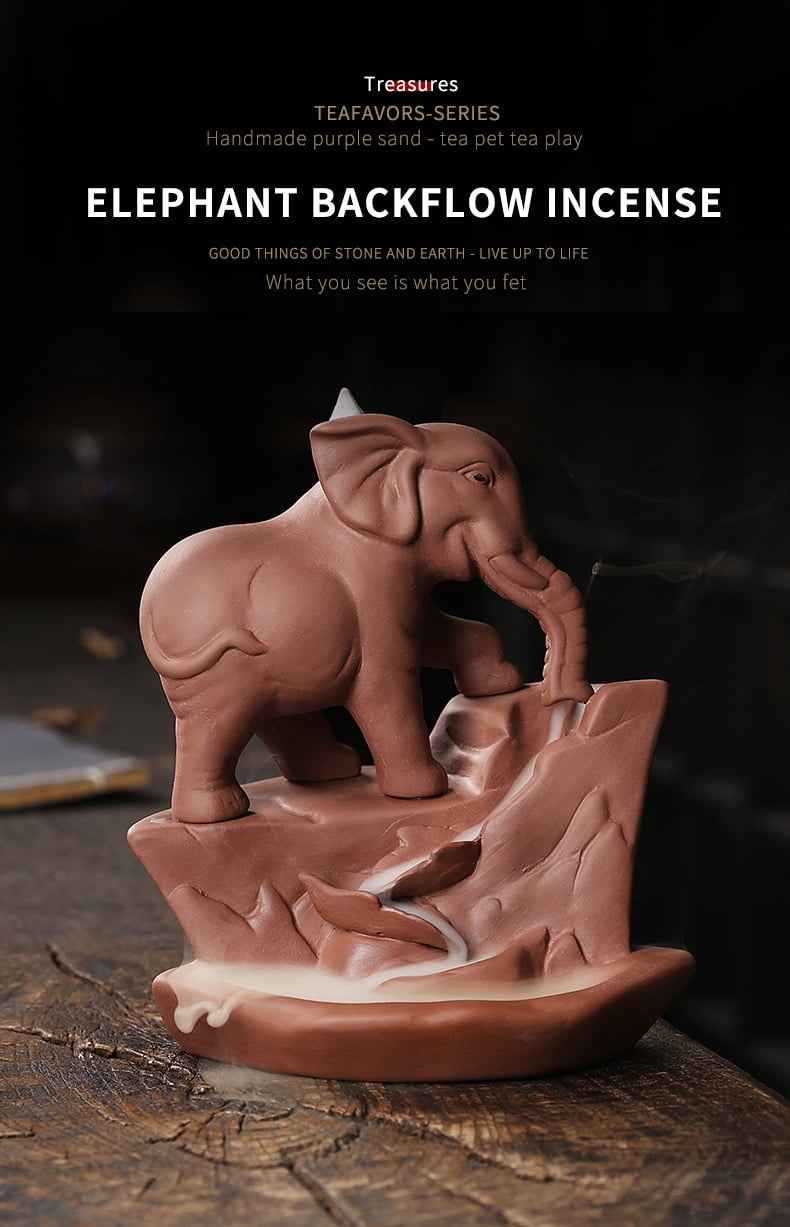Creative Lucky Elephant Smoke Waterfall Backflow Incense Burner Purple Clay Censer Incense Holder Home Decor Ornaments