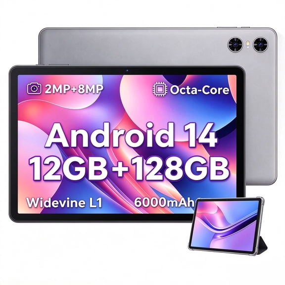 SHARECLOUD 10 inch Tablet, Android 14 Tablet, 12GB 128GB/1TB Expand, Octa-Core Processor, 6000mAh Battery, Gray