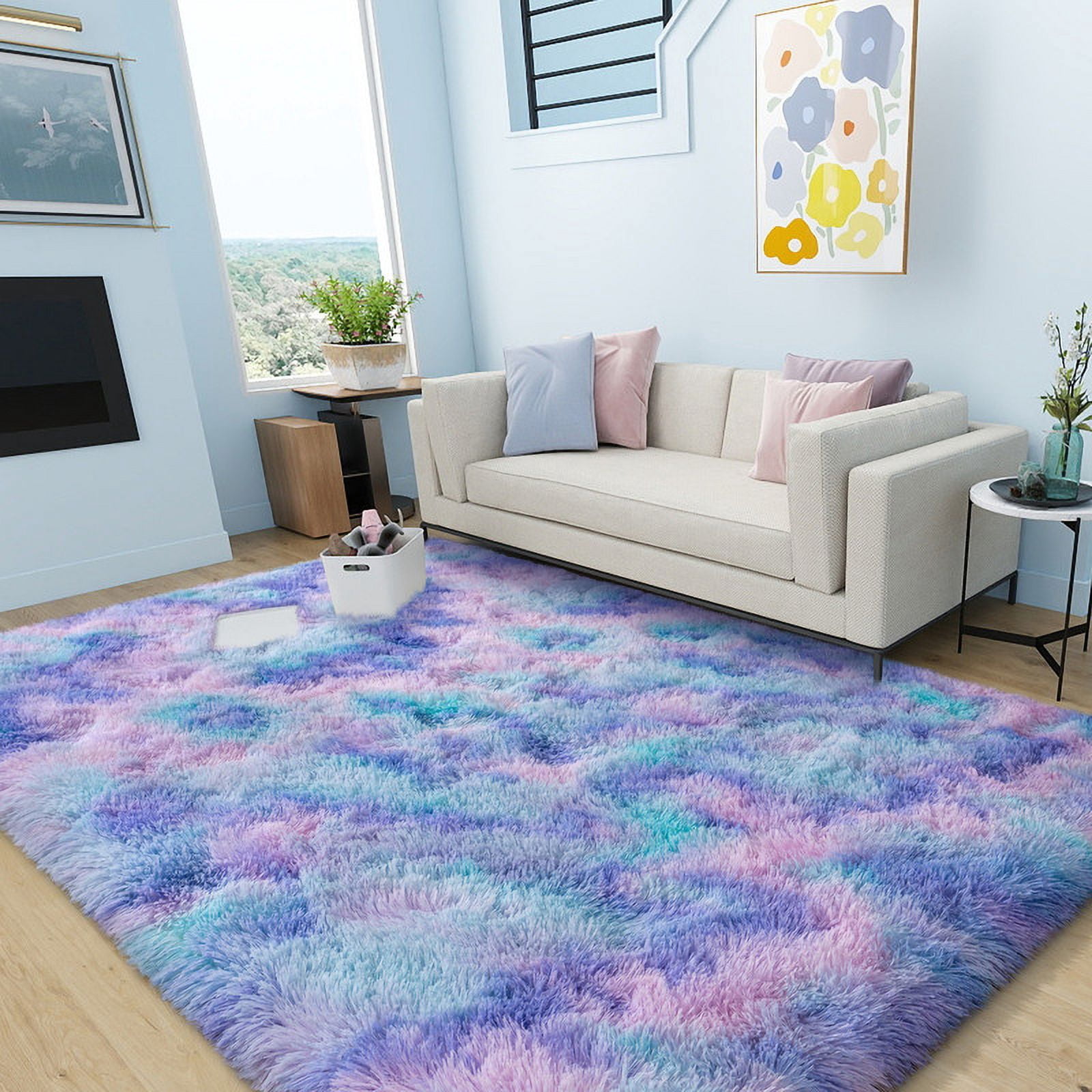 area rug 4x6ft for Bedroom Tie-dye orchid rainbow Rugs for Living Room Nursery bedroom rug Kids Room Dorm Home Decor Aesthetic, Fluffy Shaggy Rug with Anti-Slip Carpet Tapes Non-Slip Stickers