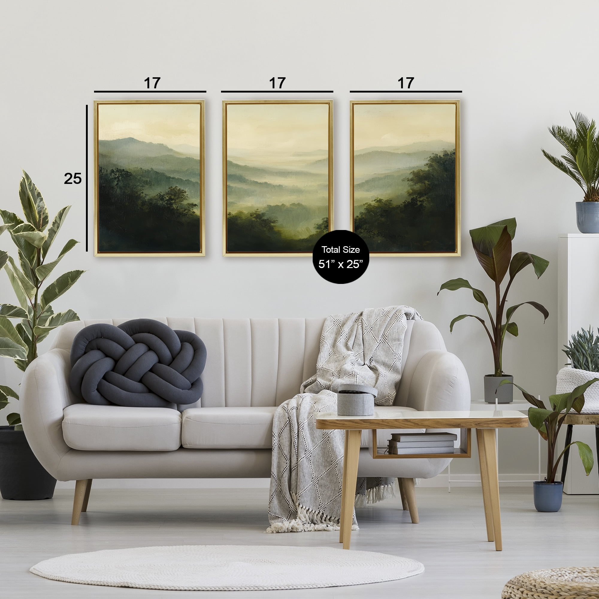 Stupell Industries Through The Haze Mountain Panorama 3 Piece Gold Framed Floater Canvas Set, design by Petal Prints Design