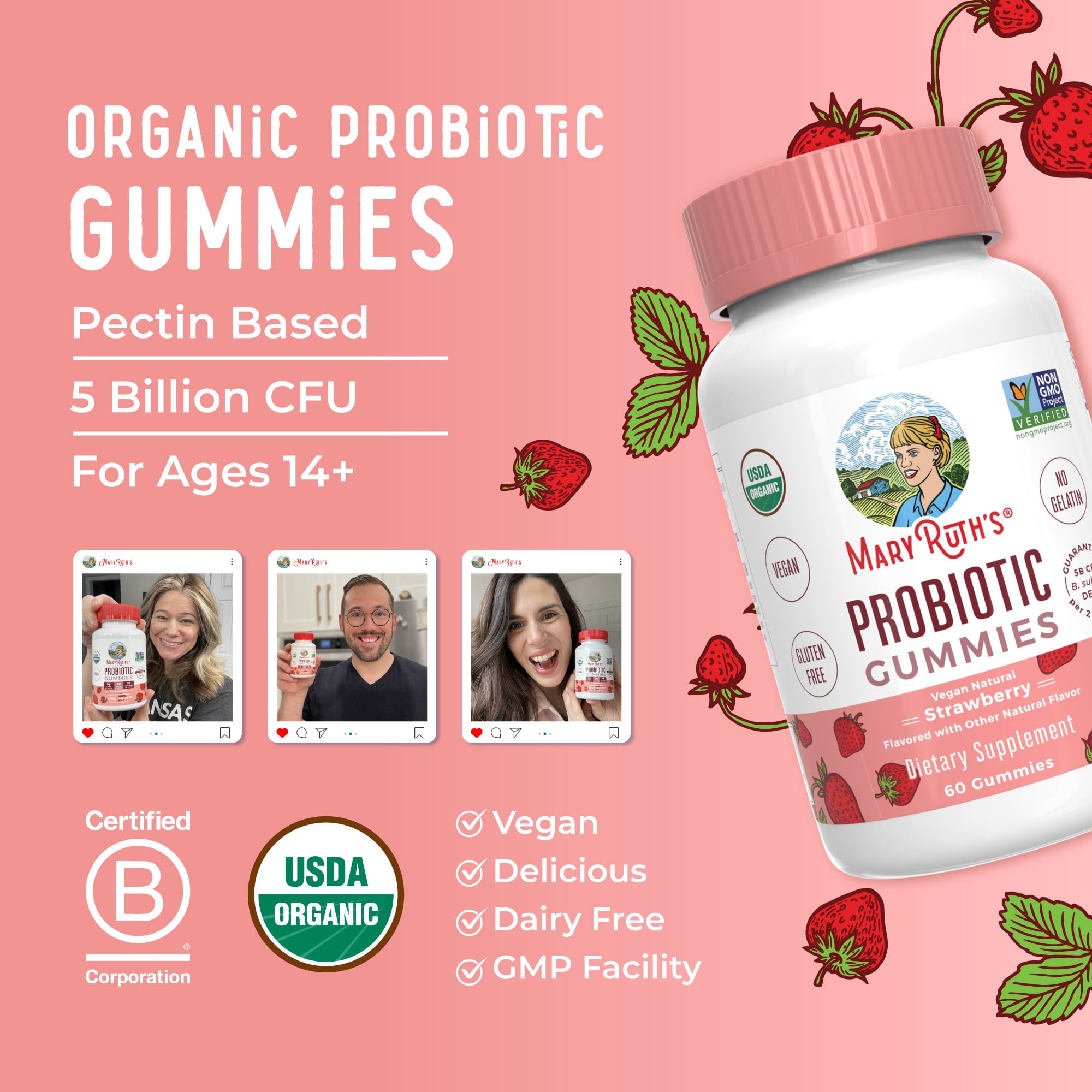 MaryRuth's Probiotic Gummies USDA Organic, 5 Billion CFU, Vegan, Gluten-Free, Dairy-Free for Digestive Health, 60 Count