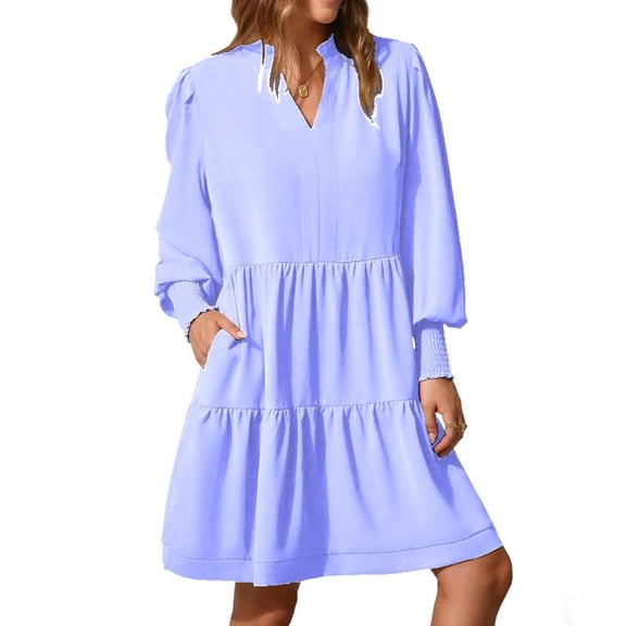 Casual V Neck Loose Womens Ruffle Tiered Long Sleeve Tunic Dress