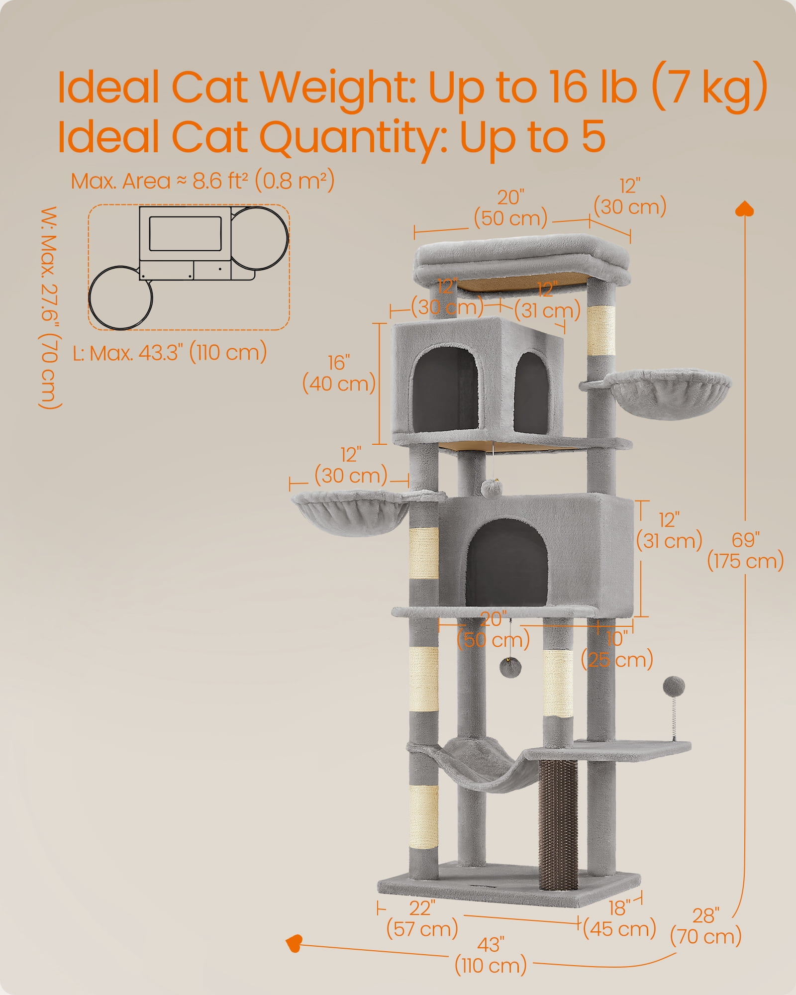 69 Inch Tall Cat Tree Tower for Indoor Cats, Multi-Level Cat Condo with 2 Caves, 2 Baskets, 5 Scratching Posts, Self-Groomer, Perch, and Hammock, Dove Gray