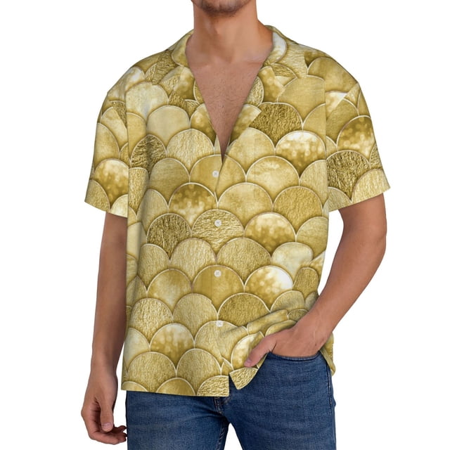 Balery Mermaid Fish Scale Camisa Casual de Manga Corta con Botones para Hombre, Texturizada, Estilo Cubano, para Playa, Verano-Large