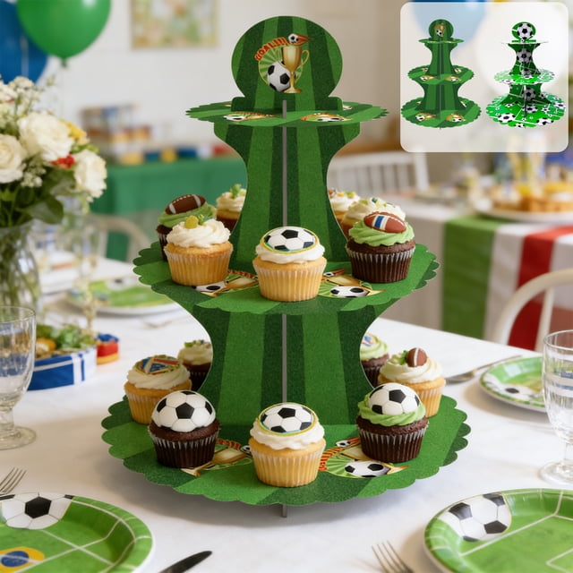 Football-Themed Cardboard Cake Stand, Tiered Dessert Tray With Plug-In Assembly, for Birthday Party Display, Green