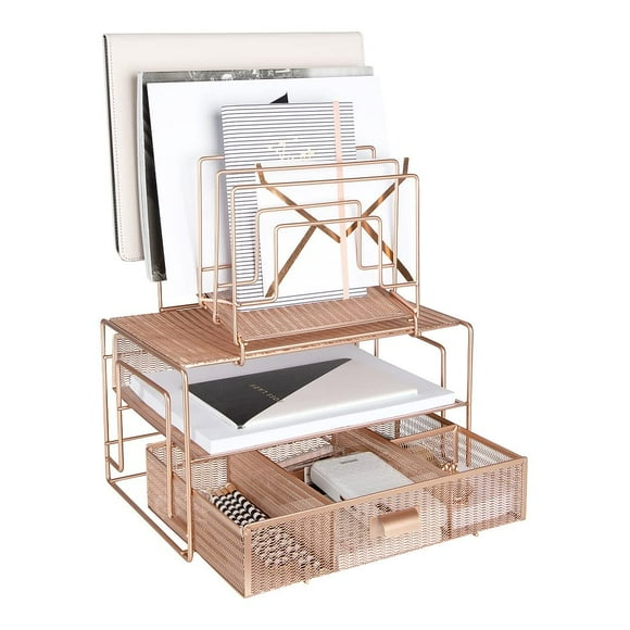 BLU MONACO Workspace Rose Gold Desk Organizer and Accessories Desktop Rack with File sorters and Drawer for Office Supplies, Paper, Device and Folder