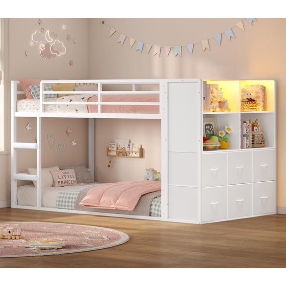 Toogaho Twin over Twin Bunk Bed with Storage Drawers & Open Shelves,Metal Low Bunk Bed Frame with LED Light,White