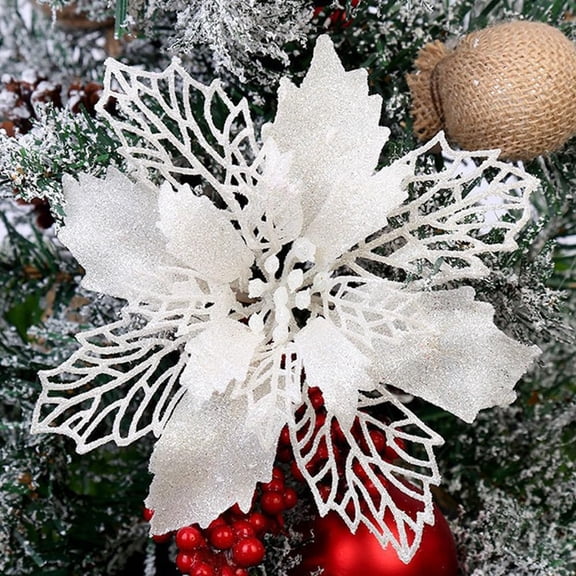 12 Pieces 6.3’’ Glitter Christmas Flowers Poinsettia Artificial Flower Christmas Tree Flowers Wreath Tree Ornaments with 12 Pcs Green Flower Stem