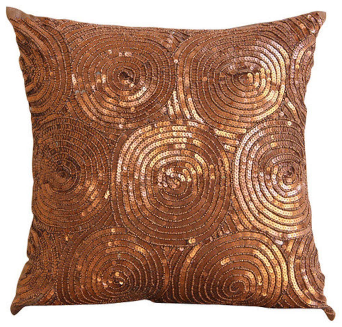 Copper Pillow Cover, Spiral Sequins Antique Throw Pillow Cover, 14x14