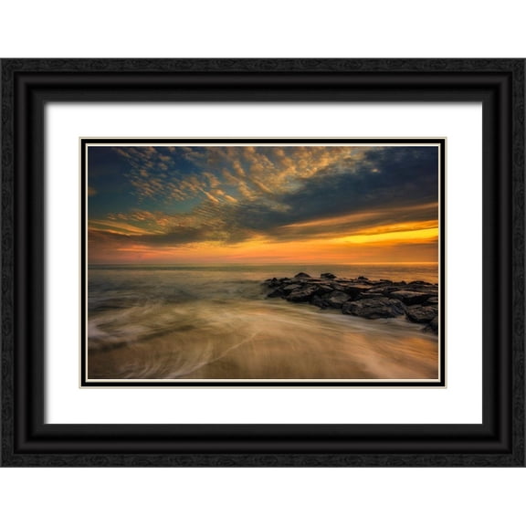 Jaynes Gallery 32x23 Black Ornate Wood Framed with Double Matting Museum Art Print Titled - New Jersey-Cape May National Seashore Sunset on ocean and rocks