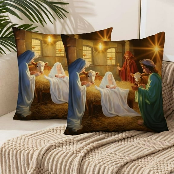2pcs Nativity scene Pillow Cases Short plush Pillow Covers 18x18 Inch Set of 2 for Sofa Living Room Outdoor