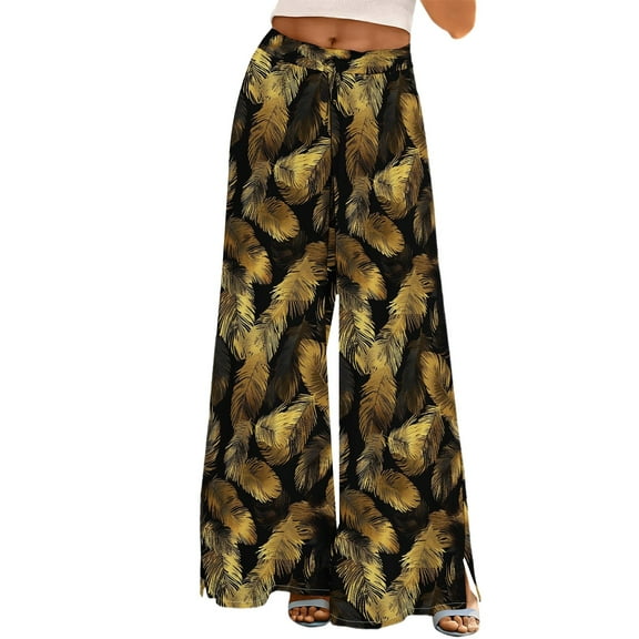 YUANGUANST Women's Wide Leg Pants Womens Wide Leg Palazzo Pants Boho Floral 2025 Summer Beach Culottes Flowy Casual Trousers For Vacation Business Work Casual Pants