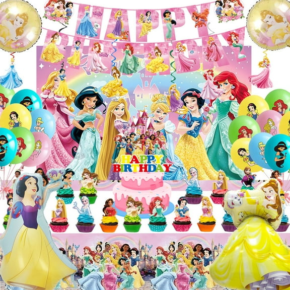 Princess Birthday Decorations,Princess Party Supplies Set Include Banner, Backdrop, Balloons, Hanging Swirls, Cake Cupcake Toppers, Tablecloth for Girls and Boys Princess Theme Party