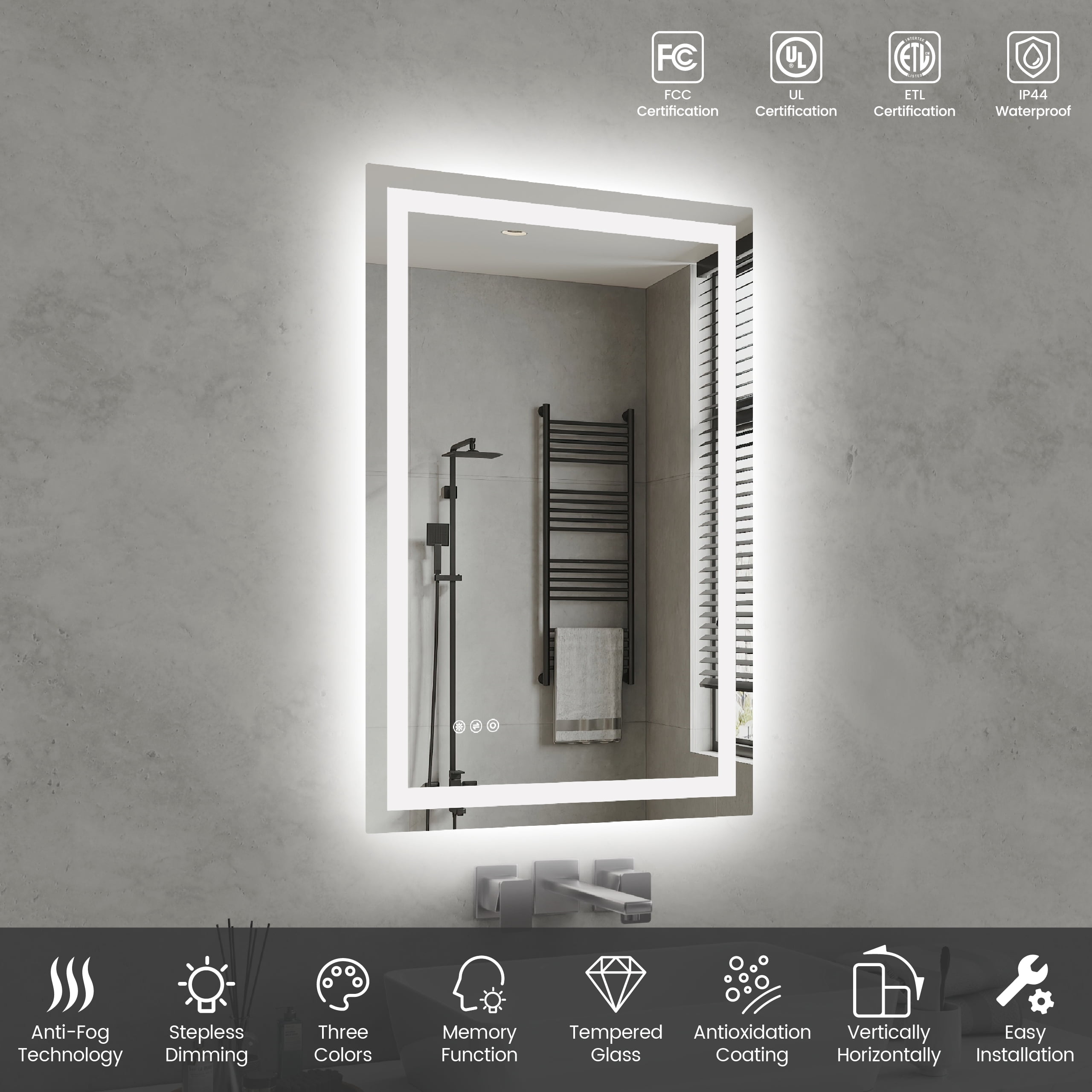 24"x36" LED Bathroom Mirror, Front-Lit and Back-Lit,3 Color Tem Adjustable, Brightness Memory, Anti-fog LED Vanity Mirror[Unable to ship on weekends]