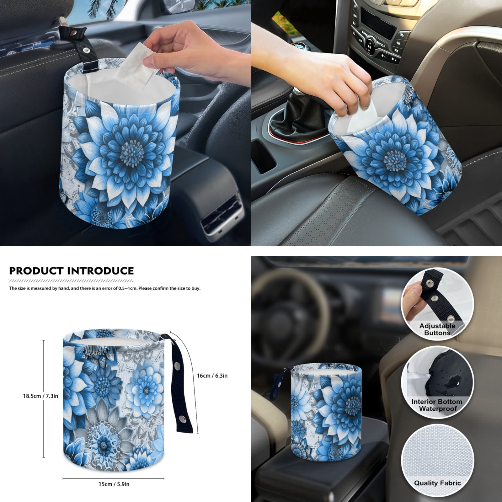 Yuyamidu Blue Dalia Car Seat Cover Set of 14 Boho Steering Wheel Cover Seat Belt Pads Waste Basket Bin Rearview Mirror Cover Cup Holder Center Console Cover Handbrake Cover Gear Shift Cover