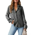 thumbnail image 2 of Women Button Down Denim Shirts Casual Long Sleeve V Neck Chambray Blouse Top Dark Gray XL, 2 of 8