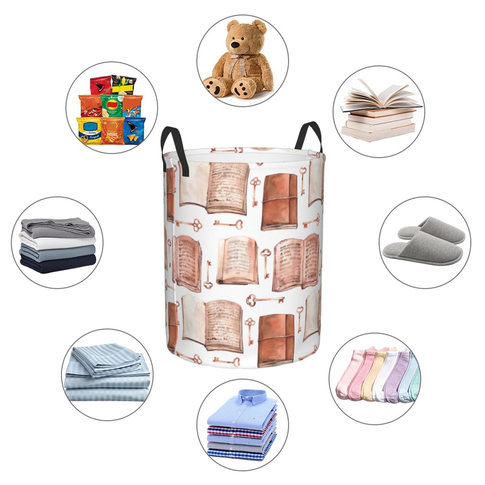 Large Laundry Basket with Handles - vintage key open books print Kids Baby Dirty Clothes Laundry Hamper for Bedroom Aesthetic