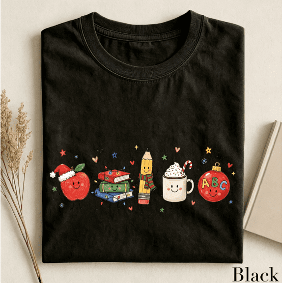 Women’s Cute Christmas Teacher Graphic T‑Shirt, Festive Classroom Holiday Crew Neck Short‑Sleeve Casual Tee with School Character Print