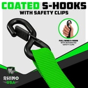 Rhino USA Heavy Duty 1.6 x 8 Ratchet Strap with Safety S Hooks - 5,208lb Break Strength, Green 2pc