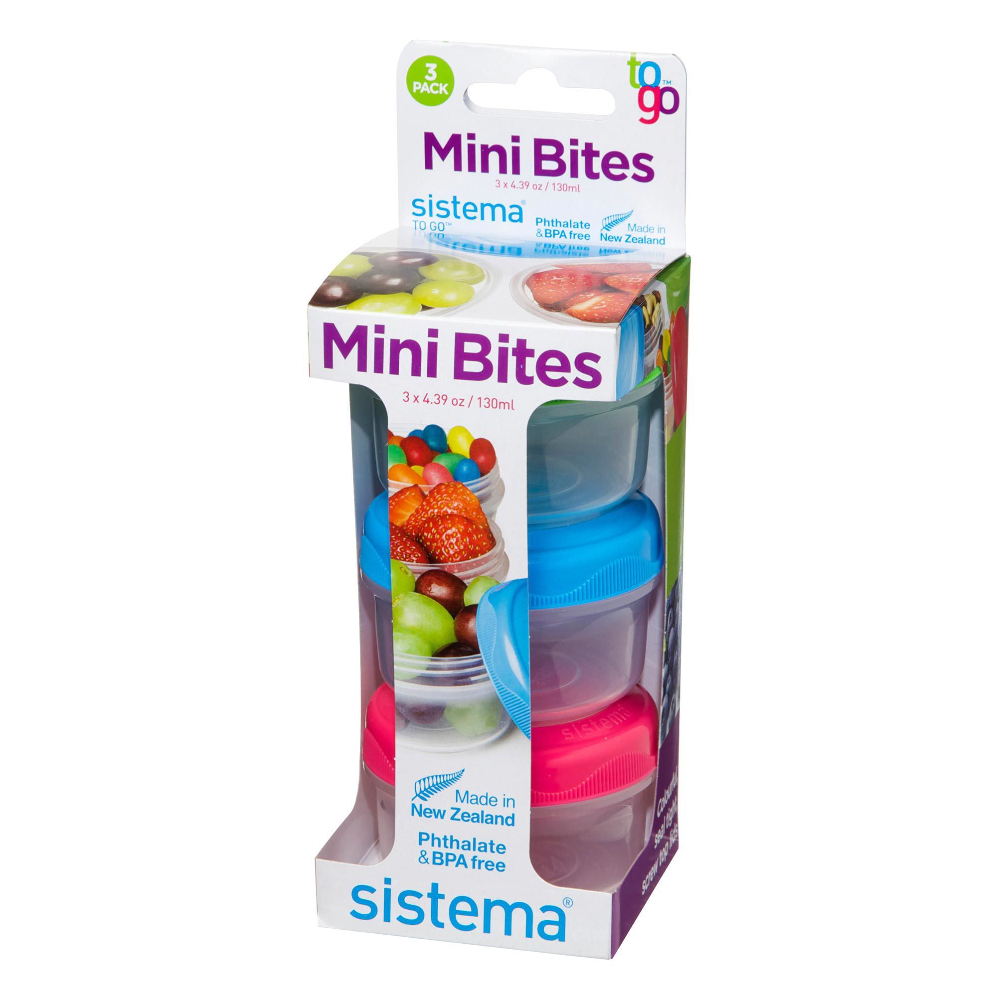 Sistema To Go Collection Mini Bites Small Food Storage Containers, 4.39 oz.  130 mL, Pink, Green and Blue, 3 Count
