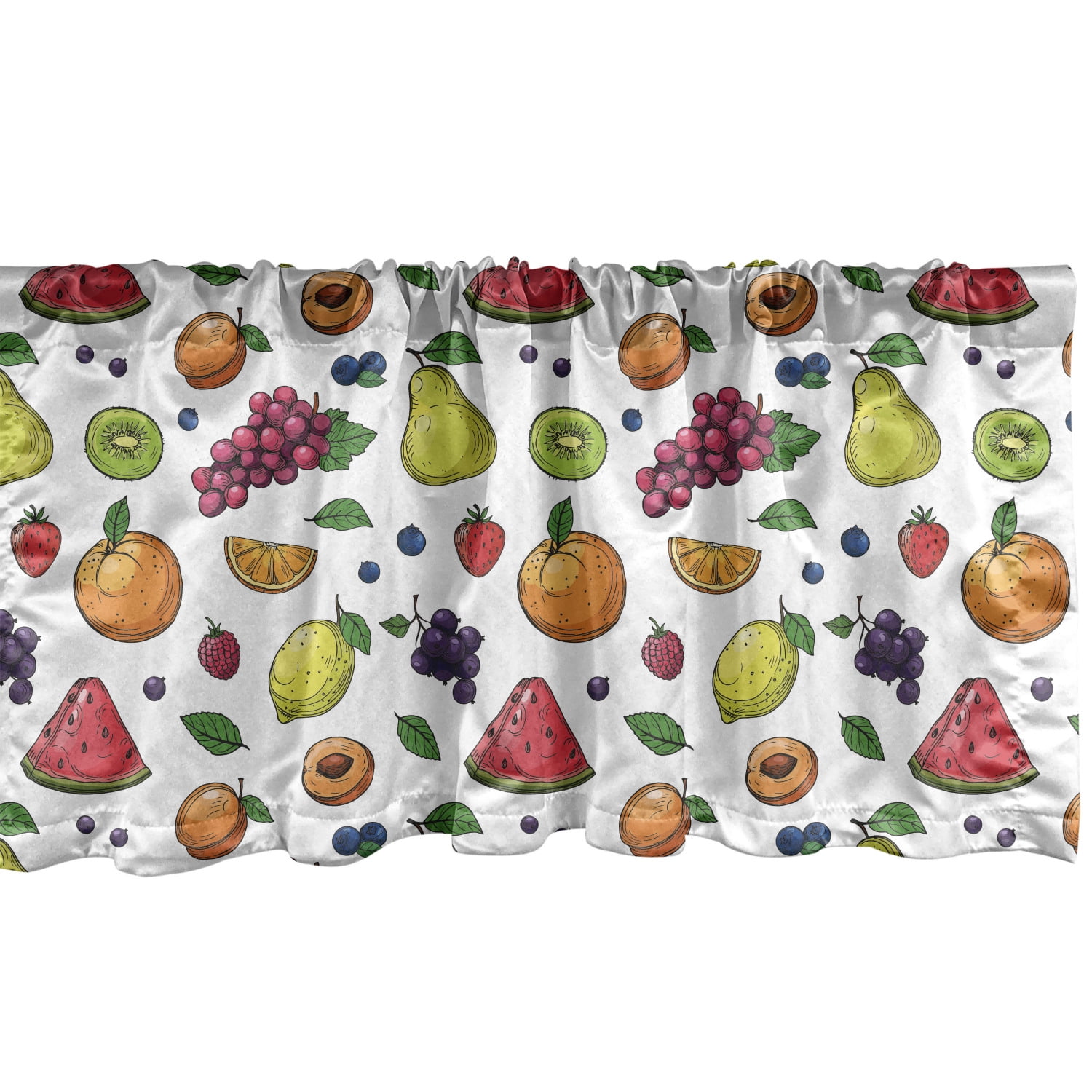Fruits Window Valance, Grapes Kiwi Orange Lemon Pear Watermelon Slice