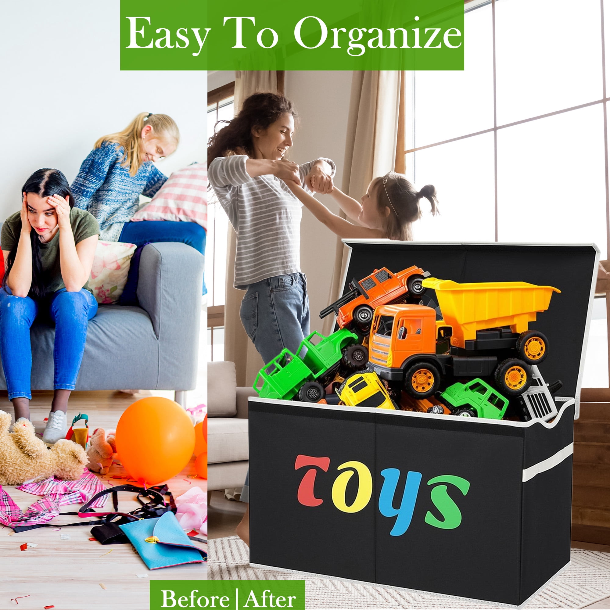 VICTORICH XL Child Collapsible Toy Storage Fabric 32 gal Kids Room Toy Chests with Lids, Black