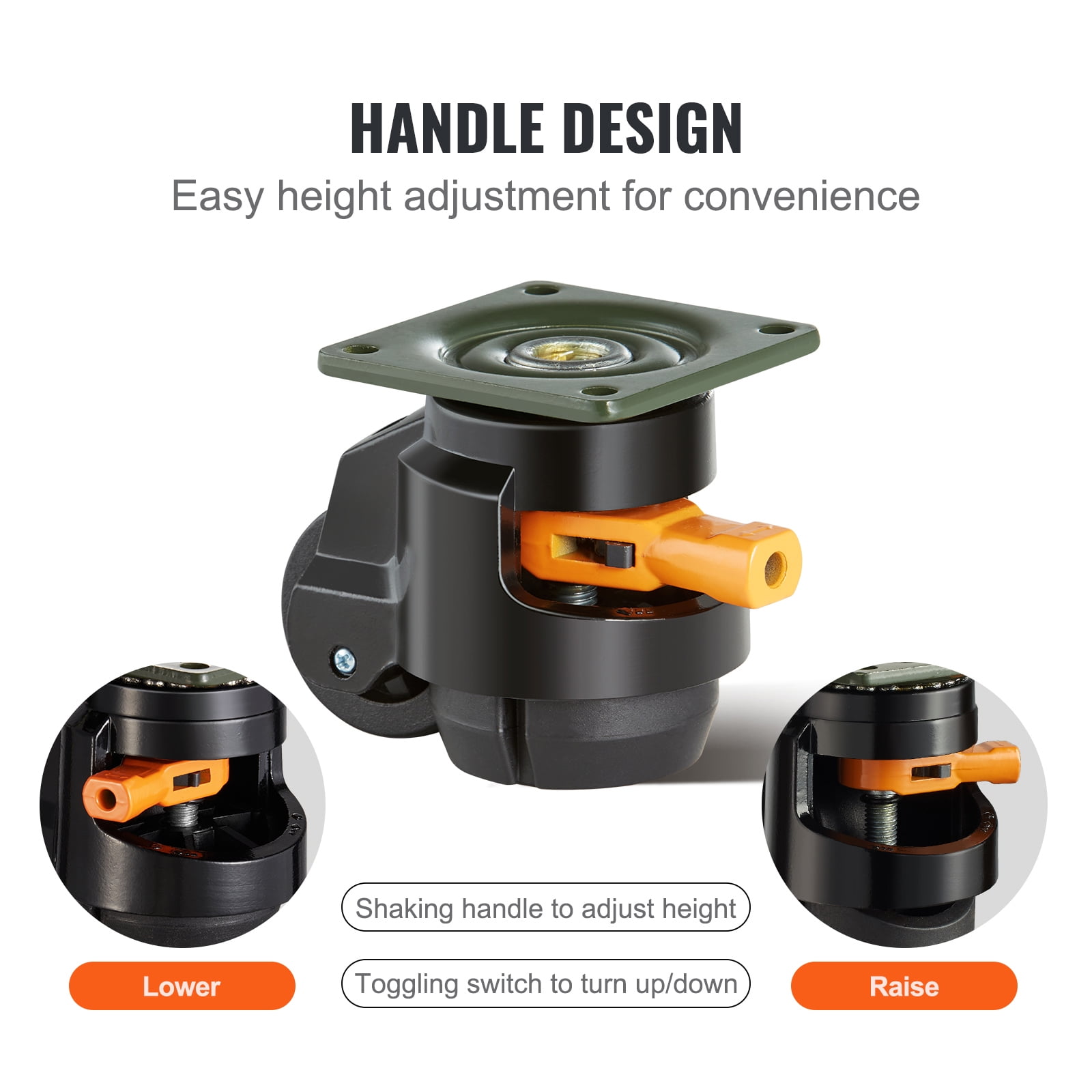 KFFKFF Adjustable Leveling Casters, 4-Pack Heavy Duty Swivel Wheels with 360° Rotation, Supports up to 1100 lbs, 2-Inch Diameter, Enhanced Handle Design and Stabilizing Feet