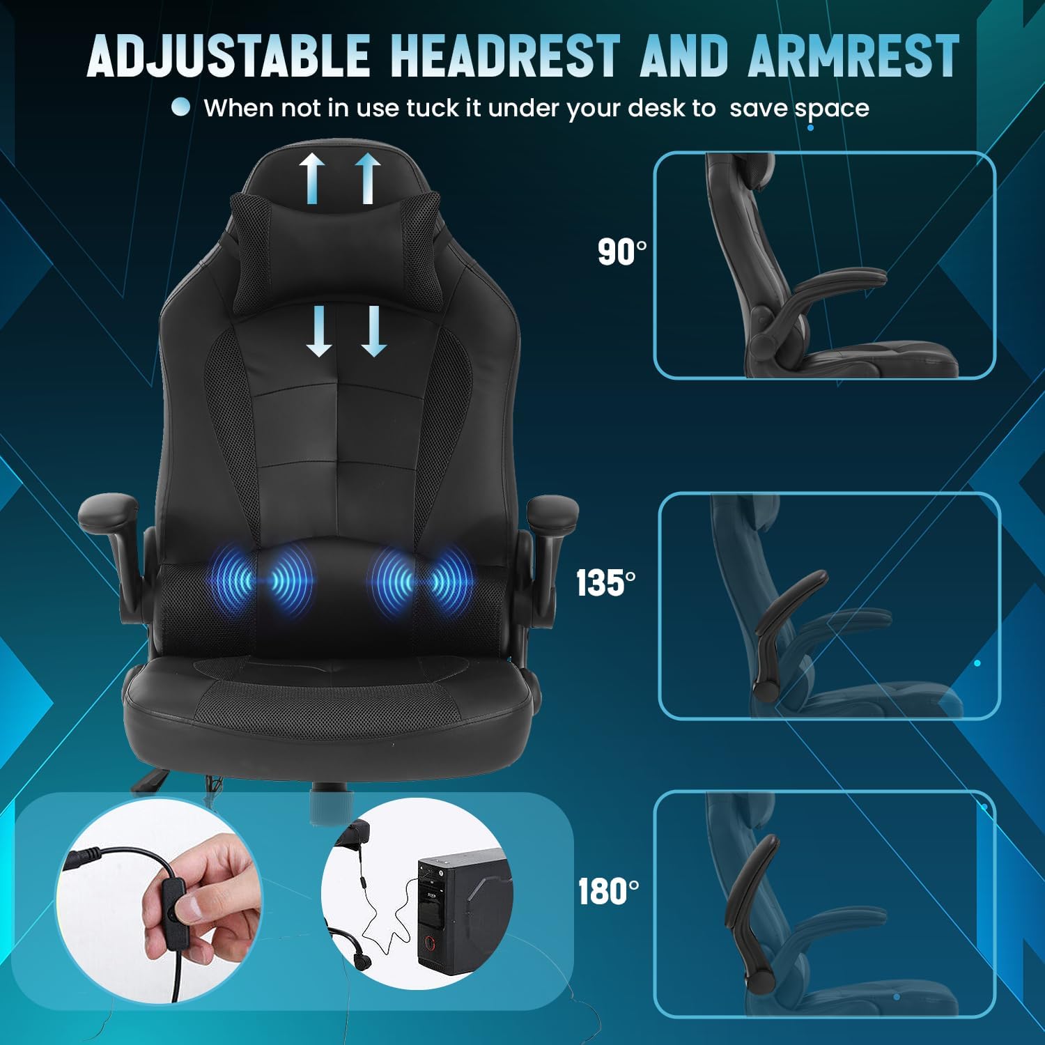 NiamVelo Massage Gaming Chair Video Gamer Chair PU Leather Computer Chairs Desk Chair w/Adjustable Headrest and Armrest,Ergonomic Office Chair High Back Racing Game Chair, 250lbs （Black）