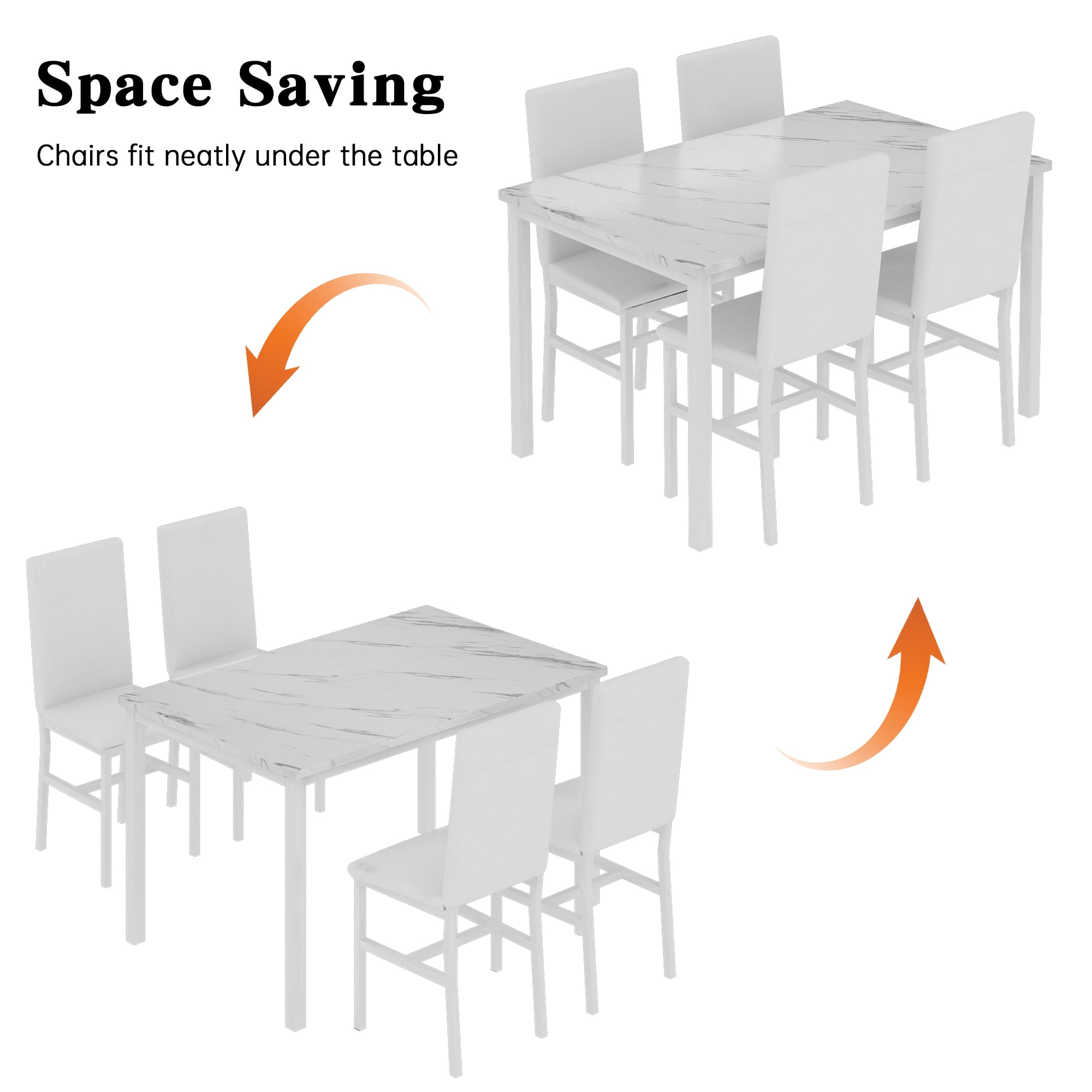 Cvortll 5 Pieces Dining Room Table Set for 4, Space Saving Kitchen Table and Chairs , Set with 4 Upholstered PU Leather Chairs and Faux Marble Tabletop, All White