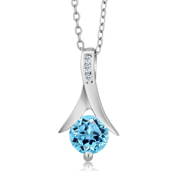 Gem Stone King 1.06 Ct Round Swiss Blue Topaz White Topaz 925 Sterling Silver Pendant with Chain