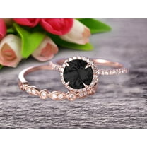 2.25 carat Round Cut Black Diamond Moissanite Wedding Set Bridal Ring 10k Rose Gold with Art Deco Eternity Matching Band Stacking Ring Halo