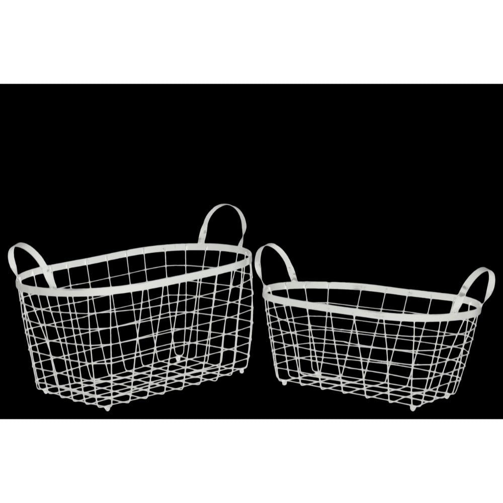 Rectangular Wire Basket with Handles and Mesh Body Set of Two White
