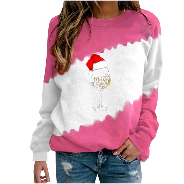 Timegard Womens Long Sleeve Tops Christmas Print Crewneck Sweatshirt Pullover Color Block Comfy Tops